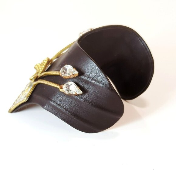 Vintage Luigi Briglia Black Leather & Rhinestone Cuff Bracelet Italian Designer - Picture 4 of 8